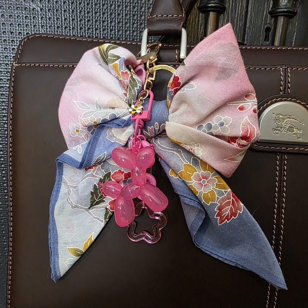 Floral Bow Vintage Scarf Bag Charm Accessory With Bubble Dog Accessory